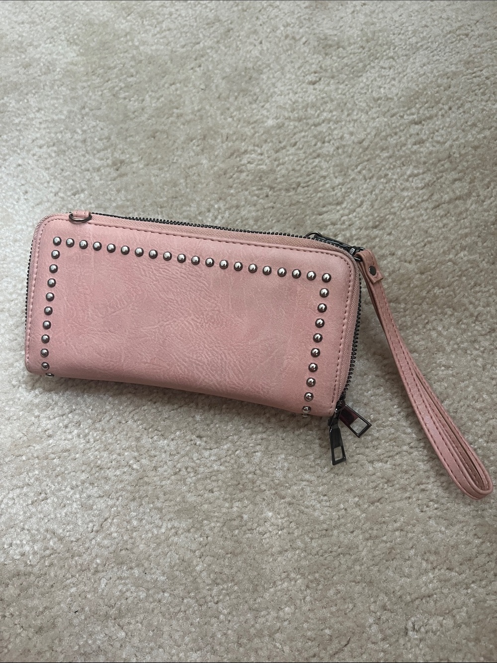 Pink Studded Zip-Around Wristlet Wallet with Detachable Strap